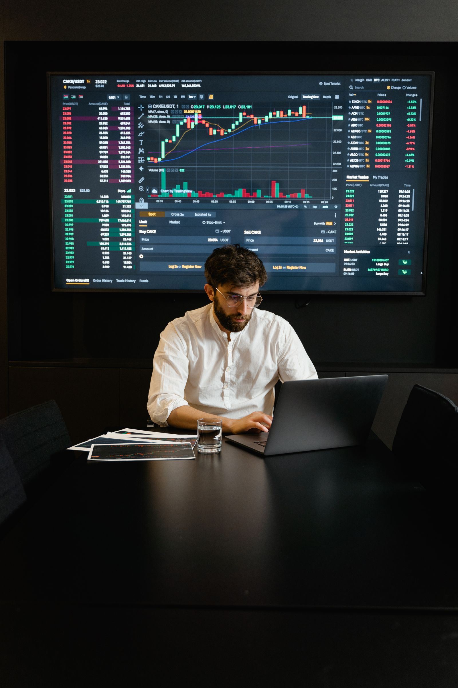 A professional reviewing market charts on a laptop
